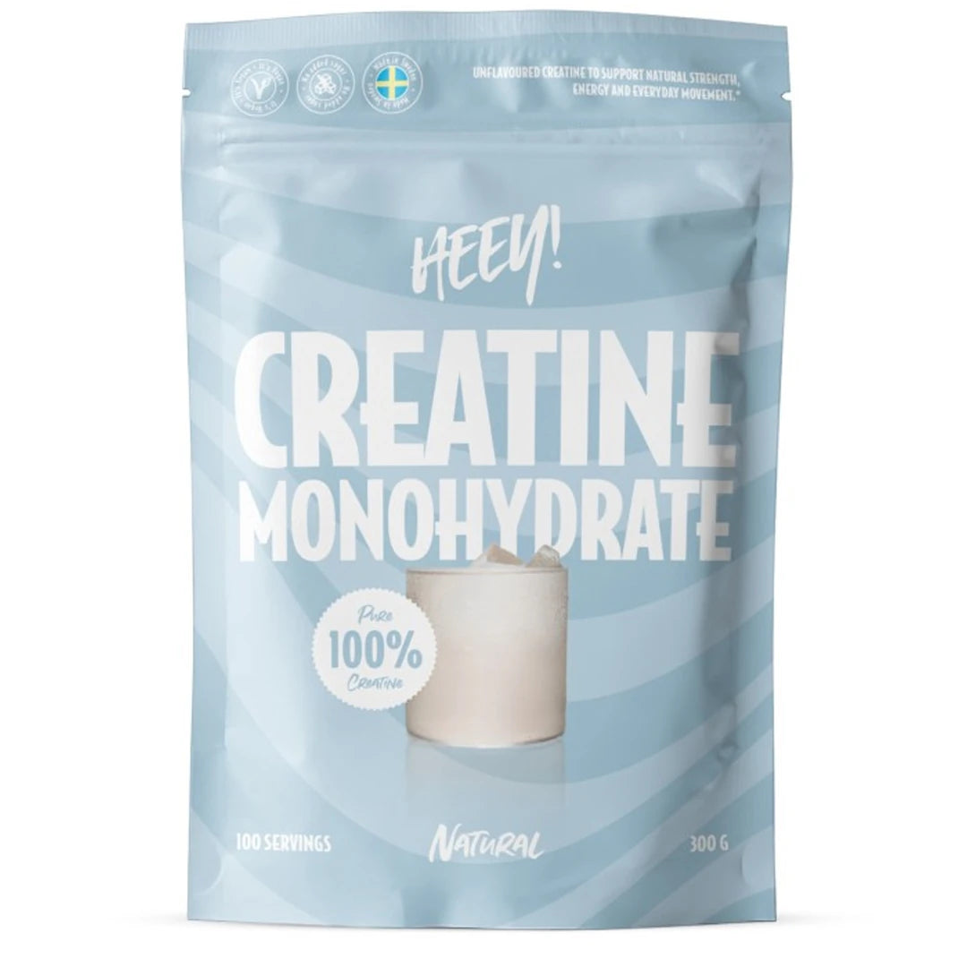 Heey! 100% Creatine Monohydrate 300 g i en ljusblå randig påse med smak Natural., bild 1 av 1