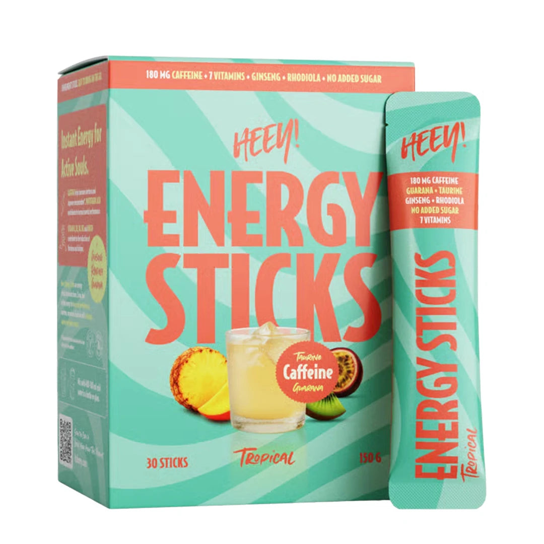 Heey! Energy Sticks Koffein + Guarana i en turkos ask och portionssticka med smaken Tropical., bild 1 av 1