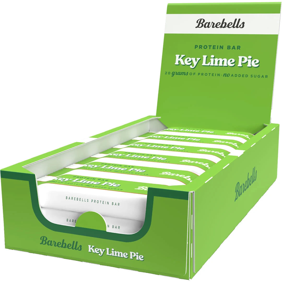 12 x Barebells Protein Bar 55 g Key Lime Pie i en grön låda med vita detaljer och matchande proteinbars., bild 1 av 1