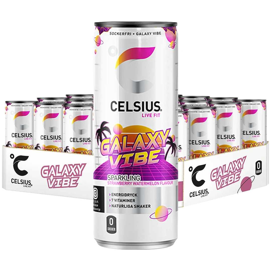 24 x Celsius 355 ml Galaxy Vibe - Watermelon Strawberry i ett flak med vita burkar prydda av färgglada retro-detaljer., bild 1 av 1