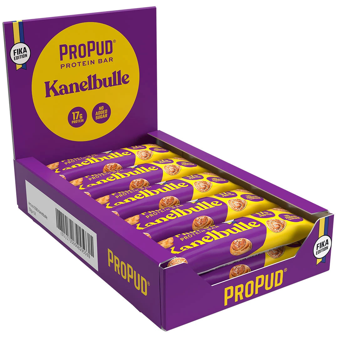 12 x NJIE Propud Proteinbar 55 g Kanelbulle i en lila displaylåda med matchande gula och lila förpackningar., bild 1 av 1