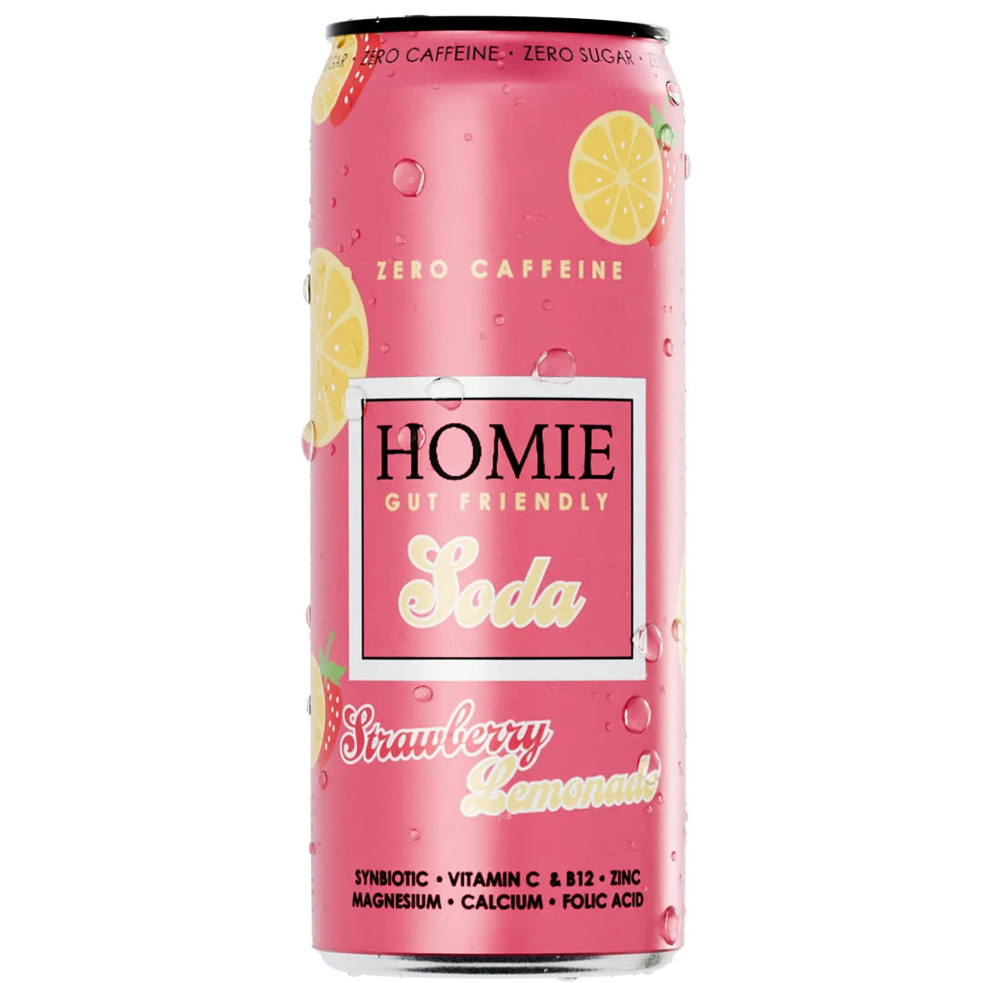 Homie Soda Synbiotic 330 ml vitamindryck i en rosa burk med kondensdroppar för smaken Strawberry Lemonade.