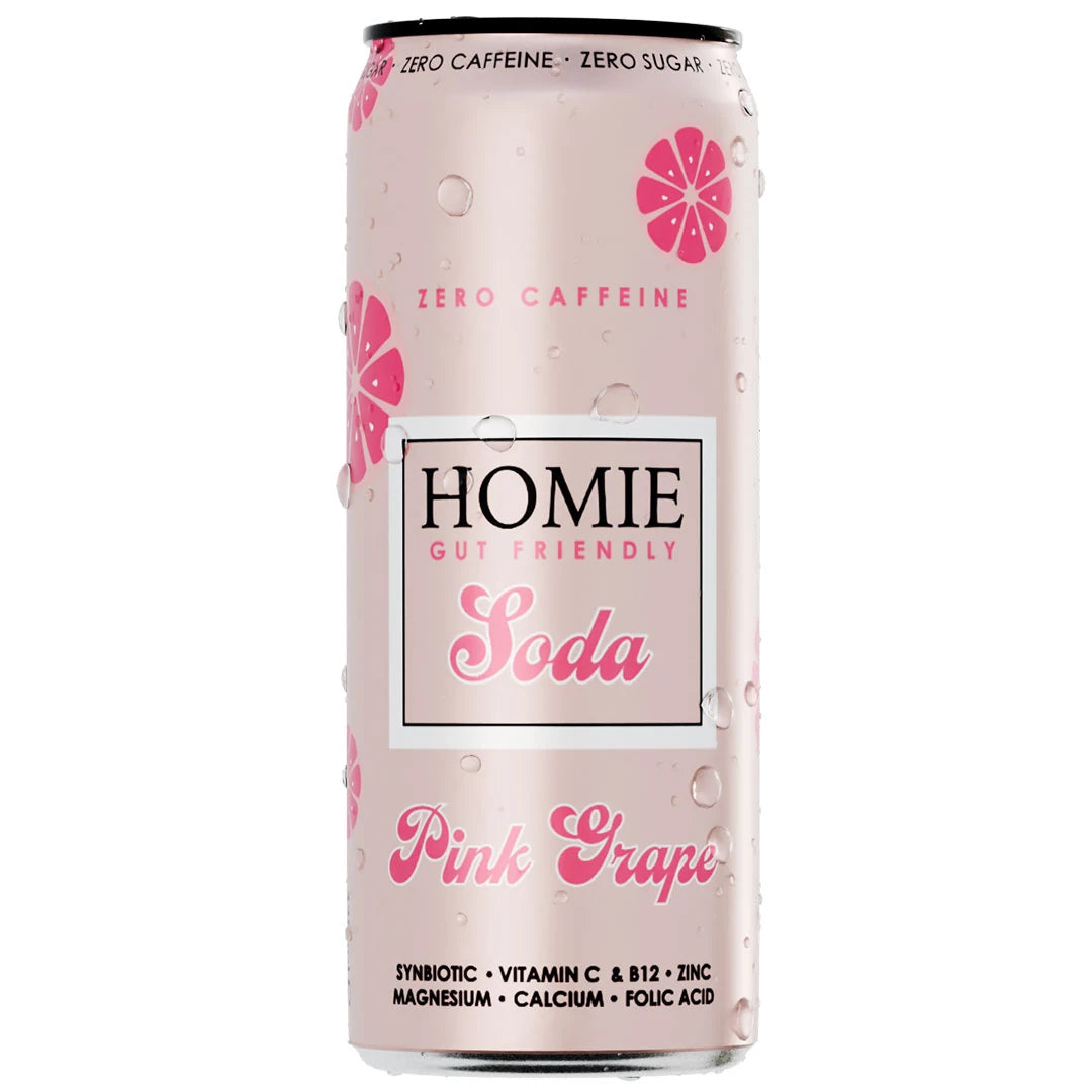 Homie Soda Synbiotic 330 ml vitamindryck i en ljusrosa burk med vattendroppar för smaken Pink Grapefruit., bild 2 av 3