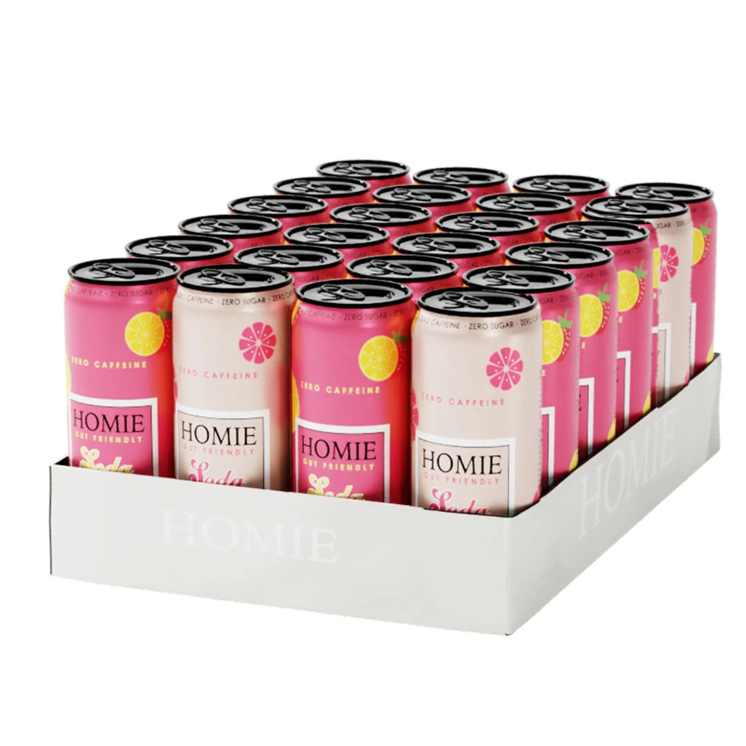 24 x Homie Soda Synbiotic 330 ml Mixflak i ett vitt flak med blandade rosa och ljusbeige burkar., bild 1 av 1