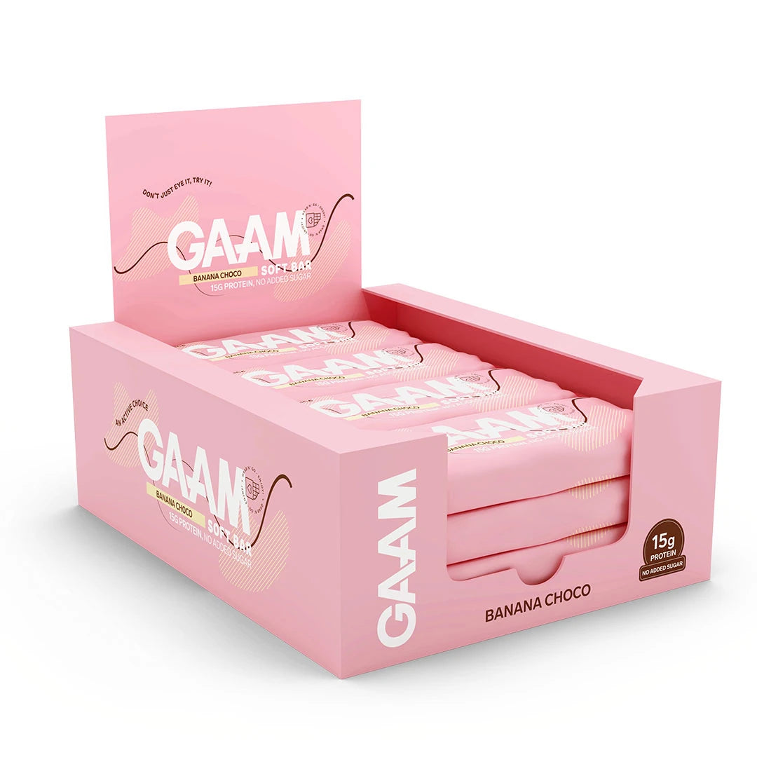 12 x GAAM Soft bar 45 g Banana Choco i en rosa displaykartong med vita och bruna detaljer., bild 1 av 1