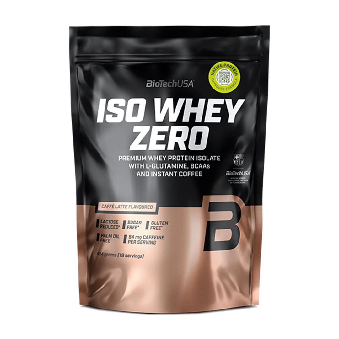 BiotechUSA Iso Whey Zero 454 g proteinpulver i en svart och kopparfärgad påse för smaken Caffé Latte.