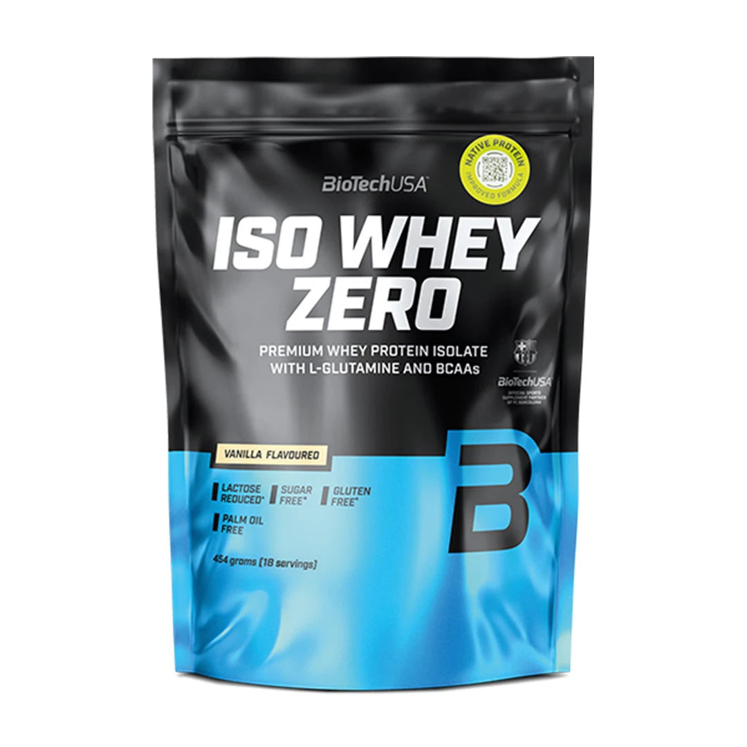 BiotechUSA Iso Whey Zero 454 g proteinpulver i en svart och blå påse för smaken Vanilj., bild 3 av 12