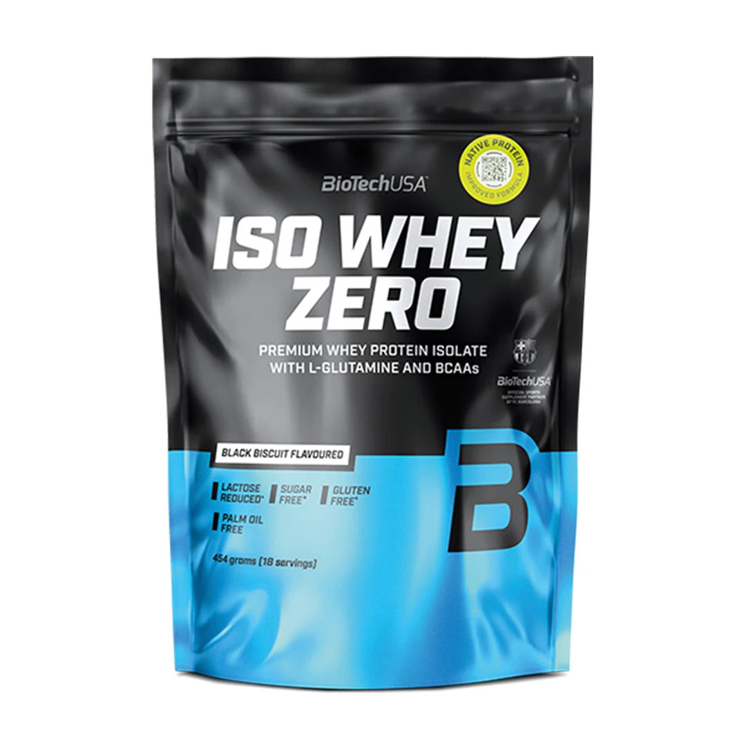BiotechUSA Iso Whey Zero 454 g proteinpulver i en svart och blå påse för smaken Black Biscuit., bild 5 av 12