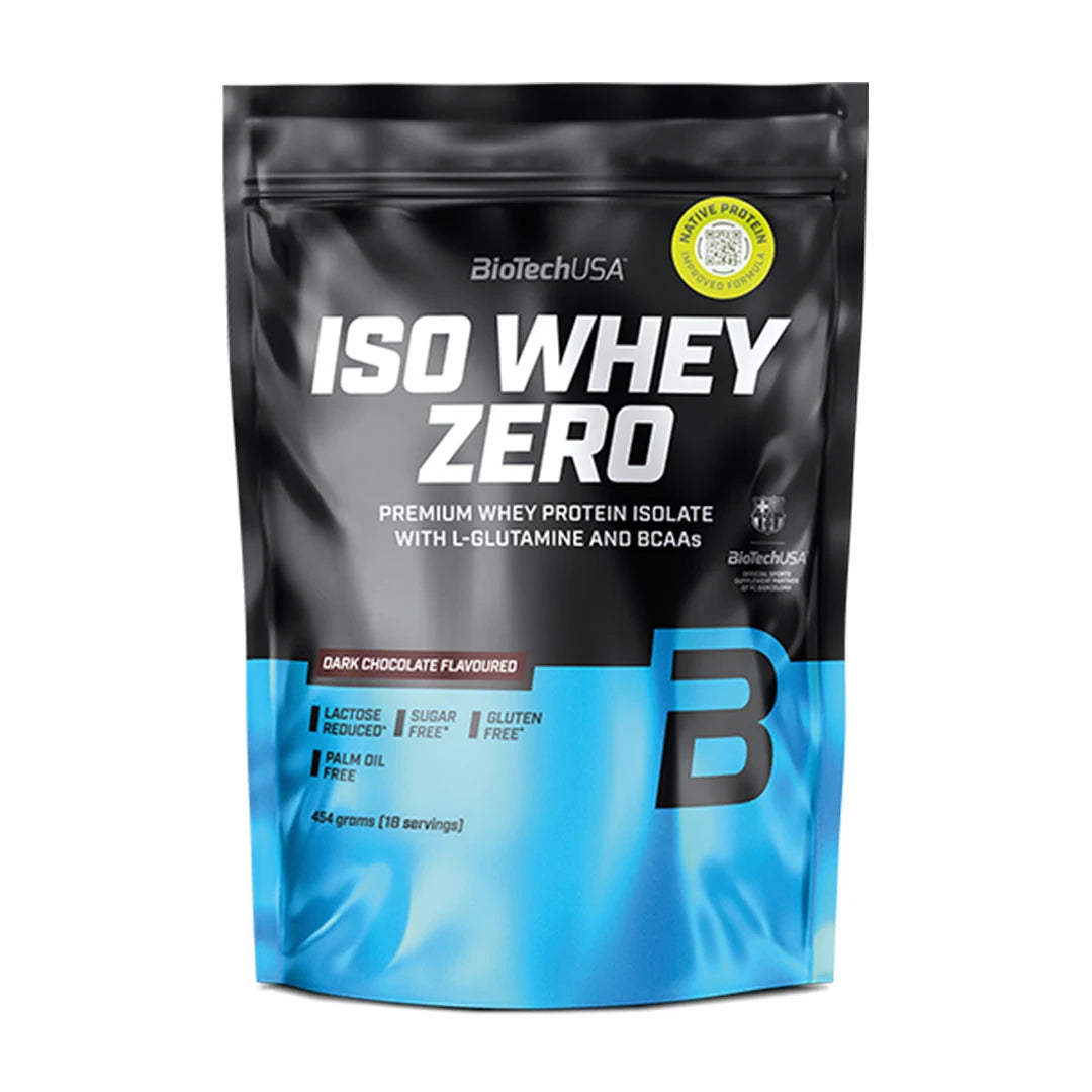 BiotechUSA Iso Whey Zero 454 g proteinpulver i en svart och blå påse för smaken Dark Chocolate., bild 6 av 12
