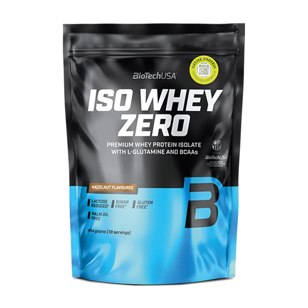 BiotechUSA Iso Whey Zero 454 g proteinpulver i en svart och blå påse för smaken Hazelnut., bild 7 av 12