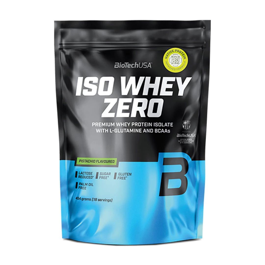 BioTechUSA Iso Whey Zero 454 g proteinpulver i en svart och ljusblå påse för smaken Pistachio., bild 9 av 12