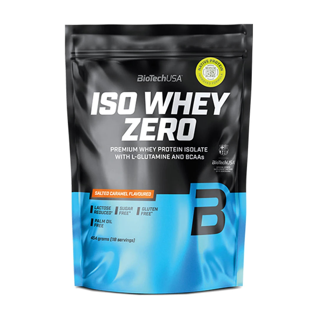 BiotechUSA Iso Whey Zero 454 g proteinpulver i en svart och blå påse för smaken Salted Caramel., bild 10 av 12