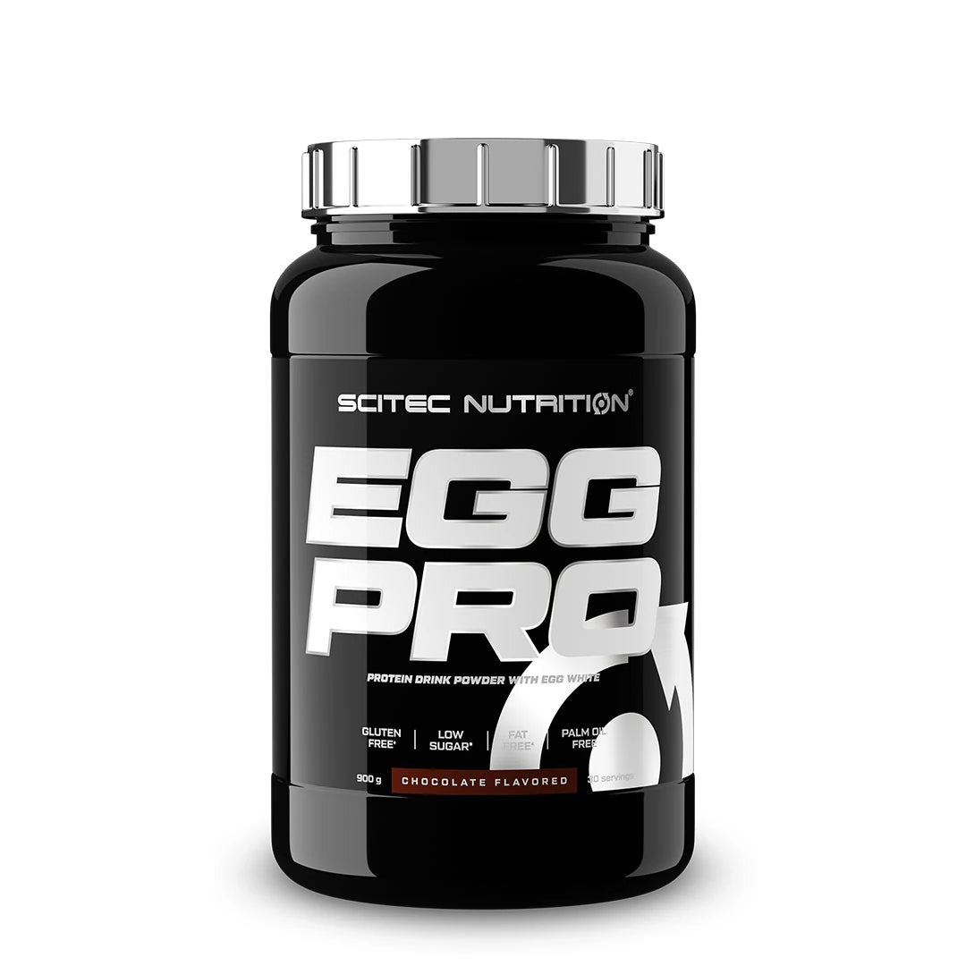 Scitec Nutrition Egg Pro 900 g äggprotein i en svart burk med silverlock och chokladsmak., bild 1 av 1