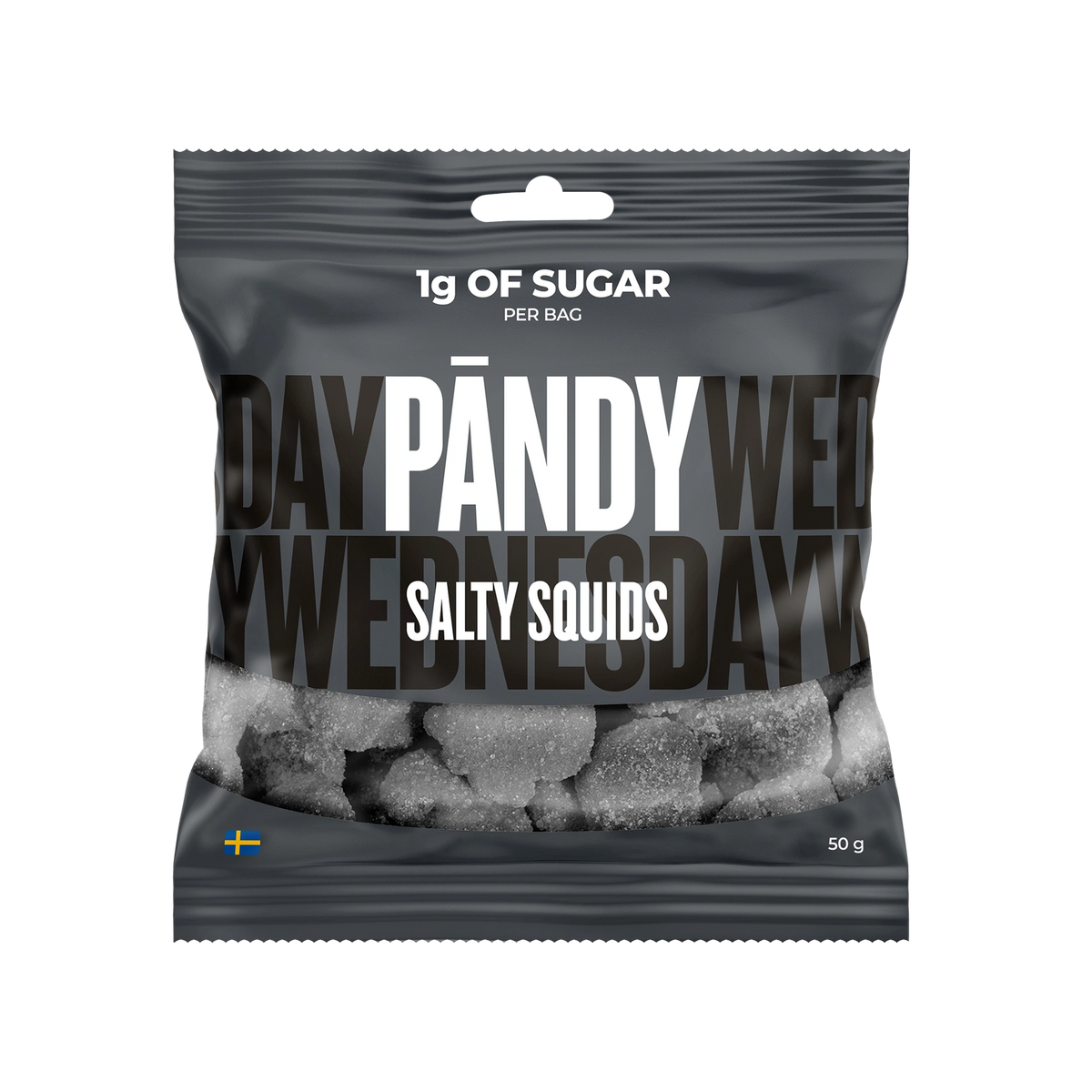 Pändy Candy 50 g Salty Squids i en mörkgrå godispåse som visar de sockrade saltlakritsbitarna.