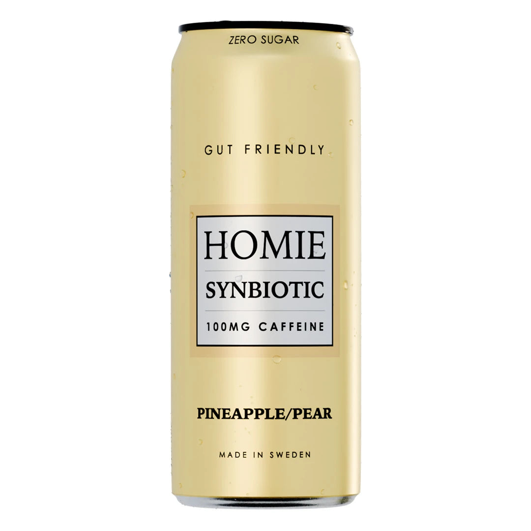 Homie Wake Up Synbiotic 330 ml kolsyrad dryck i en ljusgul burk för smaken Pineapple Pear., bild 8 av 10