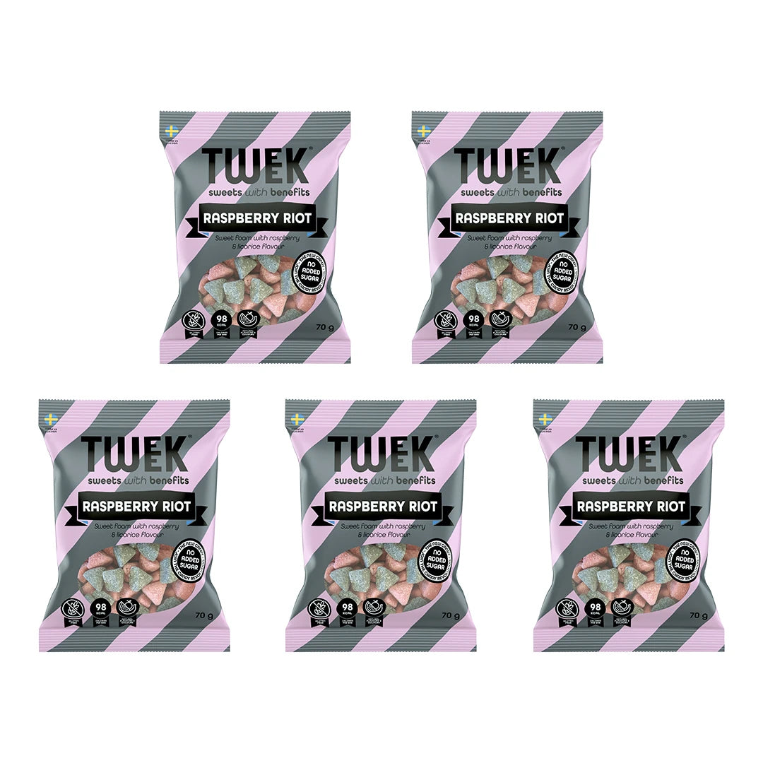 5 x Tweek Sweets 70 g Raspberry Riot i rosa och gråa godispåsar med svarta detaljer., bild 1 av 1