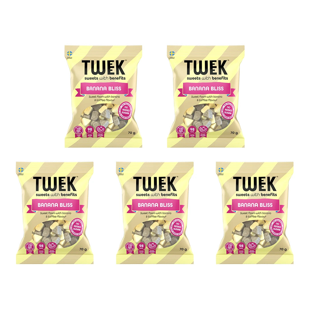 5 x Tweek Sweets 70 g Banana Bliss i gulrandiga godispåsar med rosa detaljer., bild 1 av 1