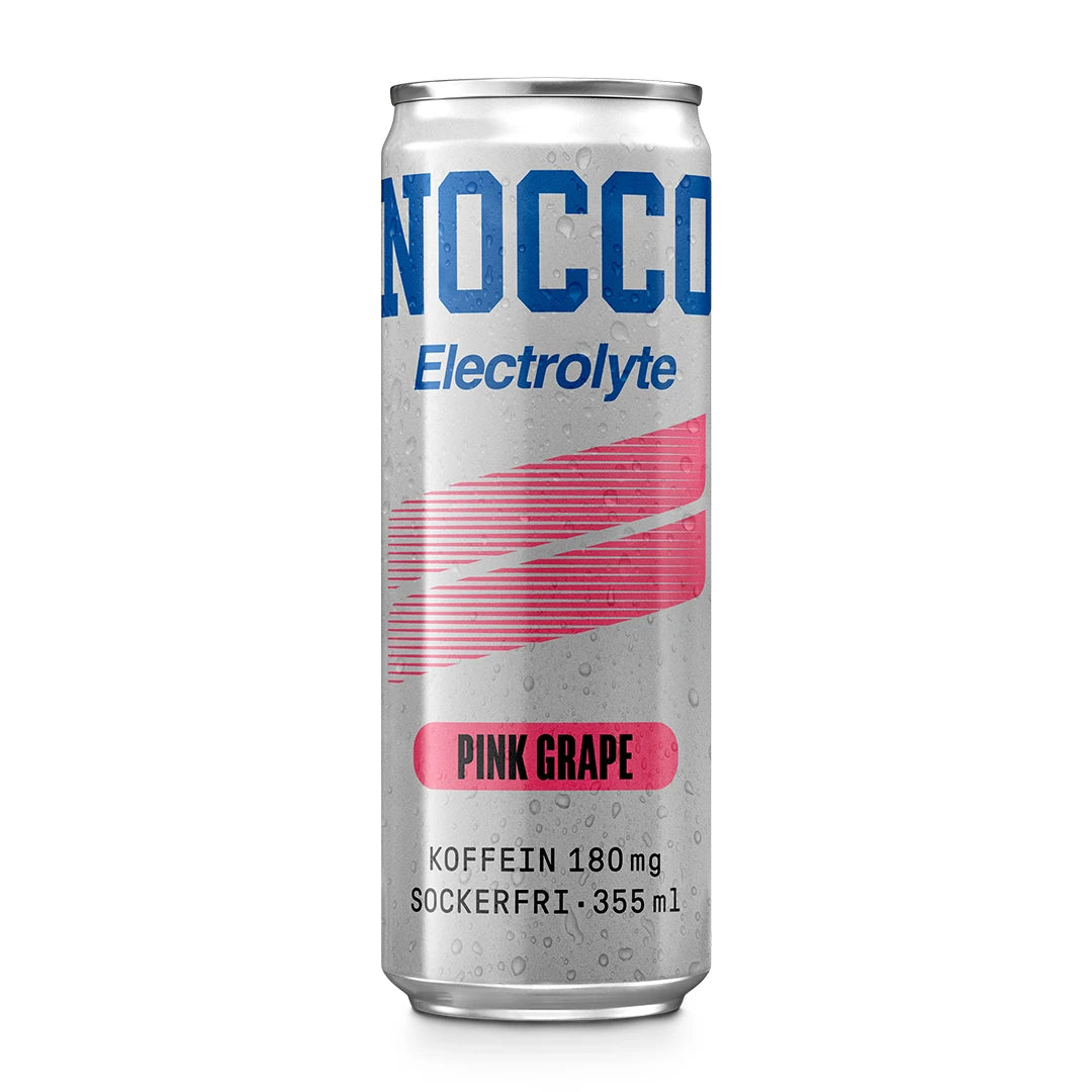 NOCCO Electrolyte 355 ml i en silvrig burk med blå och rosa detaljer för smaken Pink Grape., bild 2 av 3