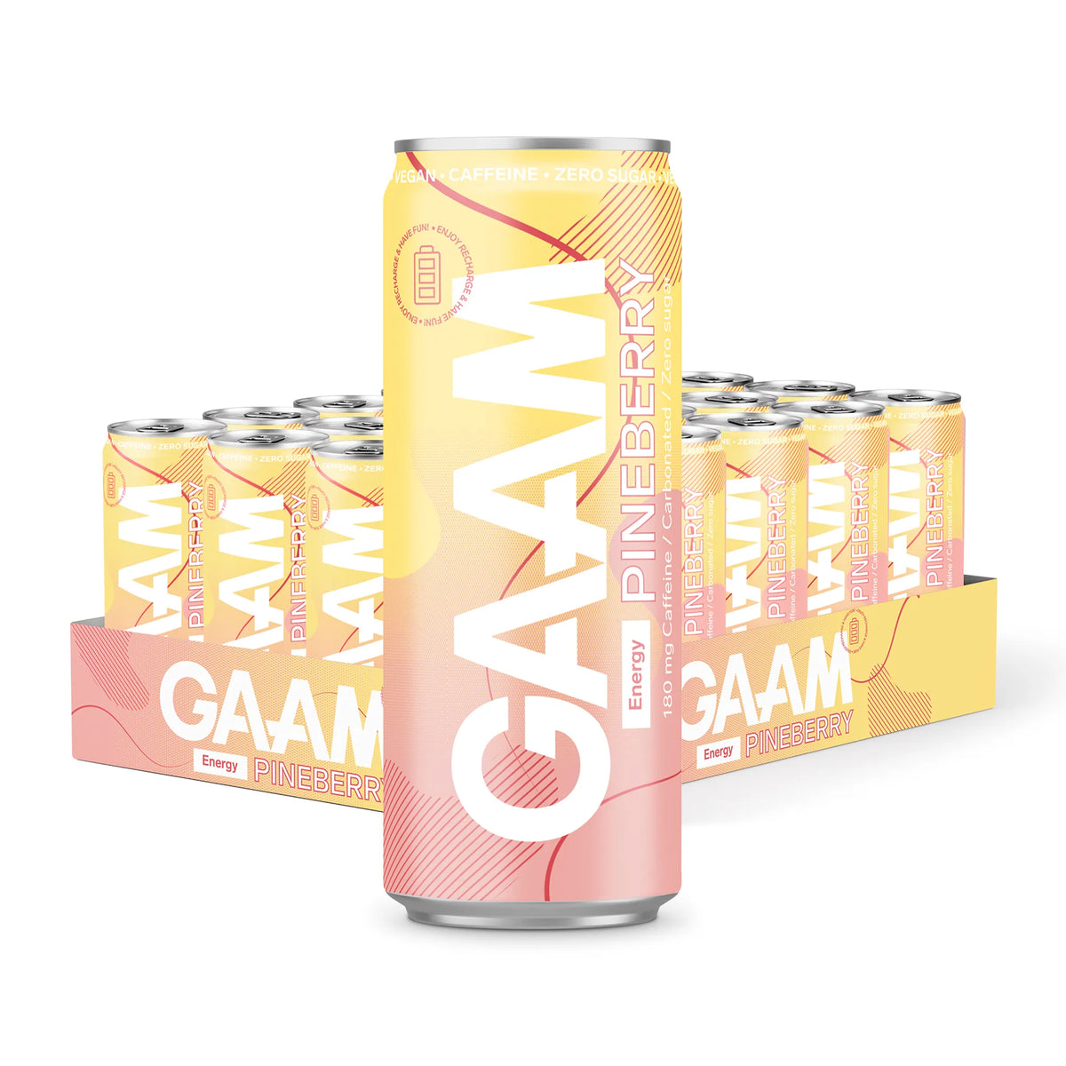 24 x GAAM Energy 330 ml Pineberry energidryck i ett gult och rosa flak med en burk i förgrunden., bild 1 av 1