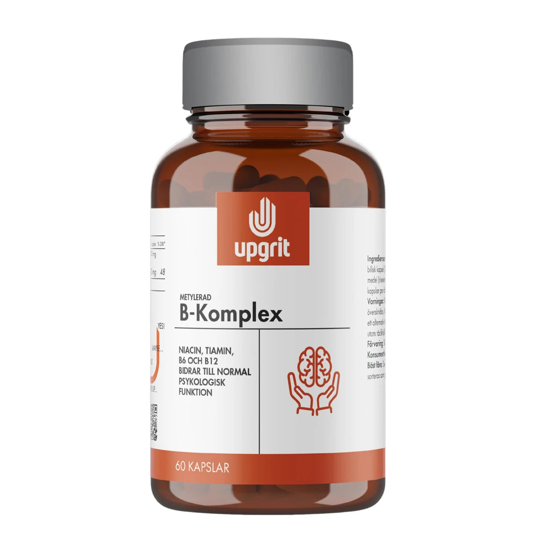 Upgrit Metylerad B-Komplex 60 caps i en brun glasburk med silverlock och vit etikett med röda detaljer., bild 1 av 1