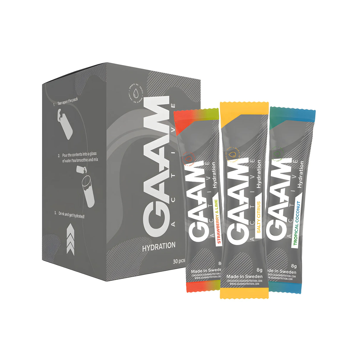 30 x GAAM Active Hydration 8 g Elektrolyter Mixlåda bestående av en grå kartong och tre portionspåsar i olika färger., bild 1 av 1