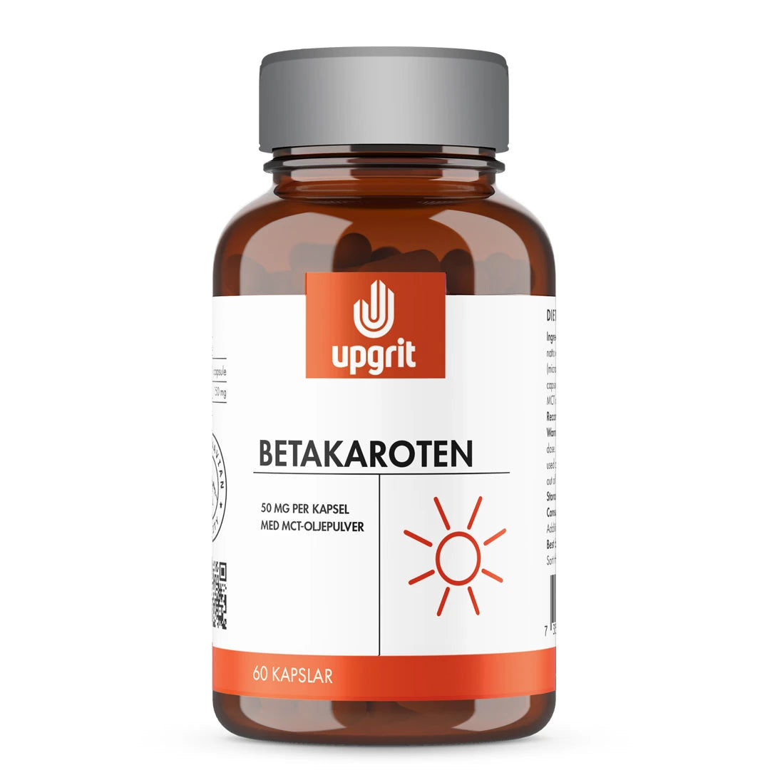 Upgrit Betakaroten 50 mg 60 caps förpackad i en brun burk med grått lock och vit etikett med orange detaljer., bild 1 av 1