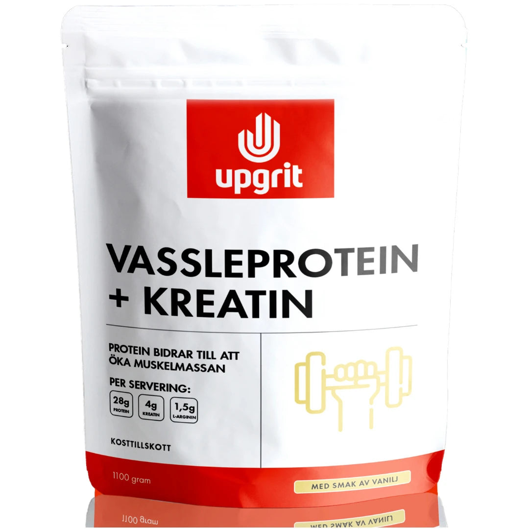 Upgrit Vassleprotein + Kreatin 1.1 kg proteinpulver i en vit påse med röd logotyp för smaken vanilj., bild 1 av 2