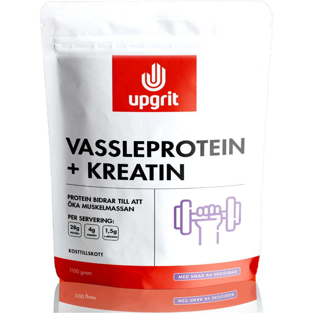 Upgrit Vassleprotein + Kreatin 1.1 kg proteinpulver i en vit påse med röda detaljer för smaken Skogsbär., bild 2 av 2