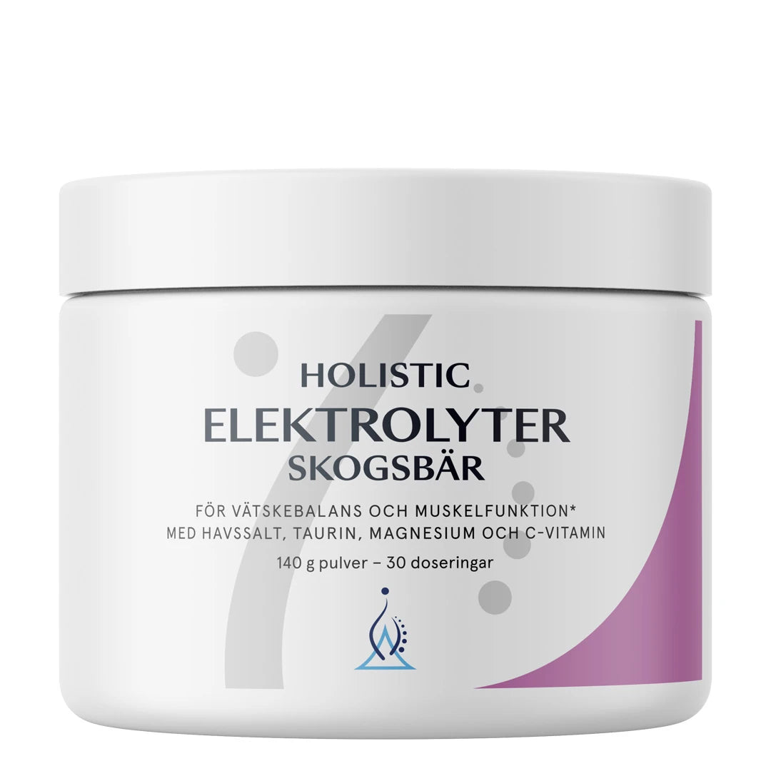 Holistic Elektrolyter 140 g elektrolytpulver i en vit burk med lila detaljer för smaken Skogsbär.
