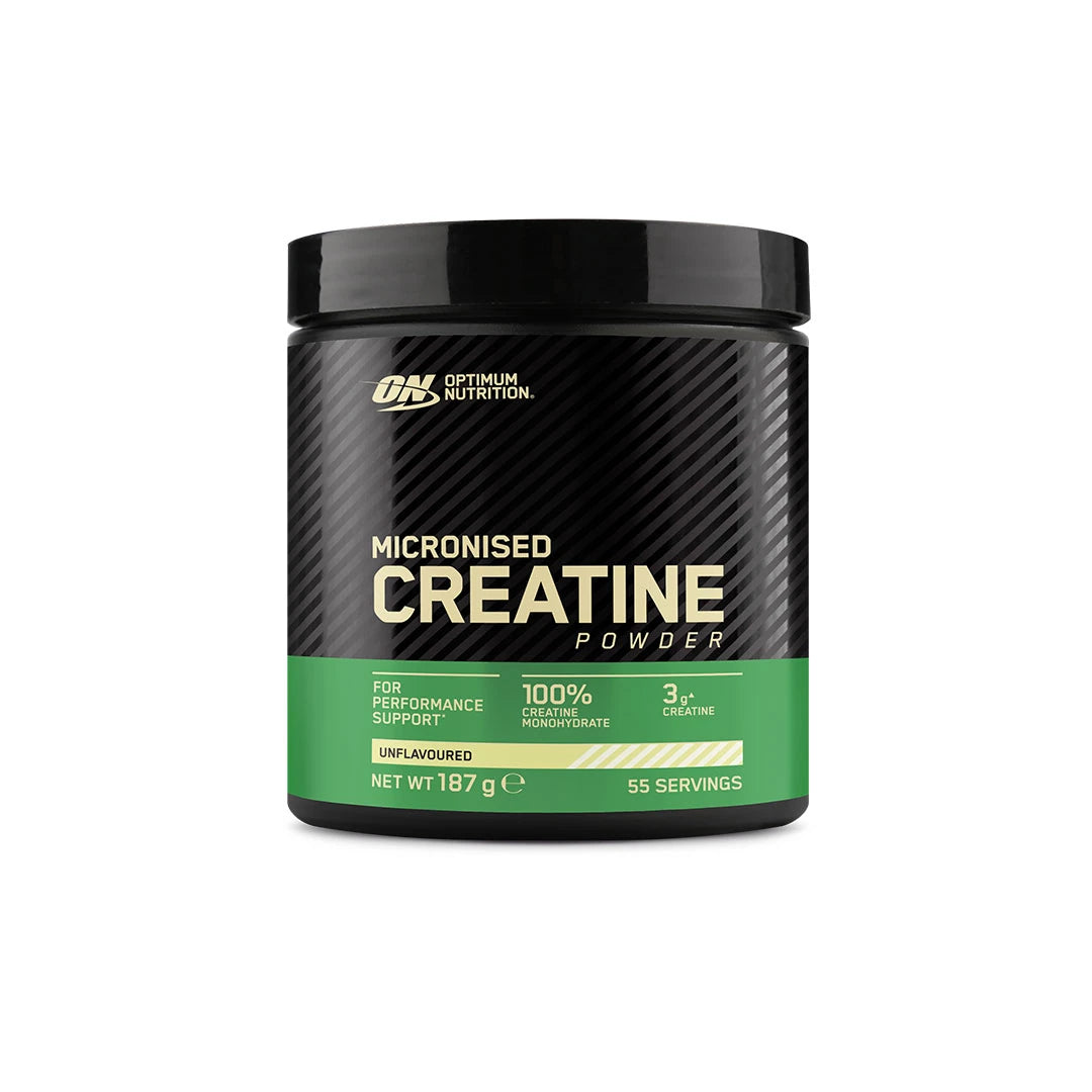 Optimum Nutrition Creatine Powder 187 g i en svart burk med grön etikett, fylld med rent, naturellt kreatinmonohydrat., bild 1 av 1