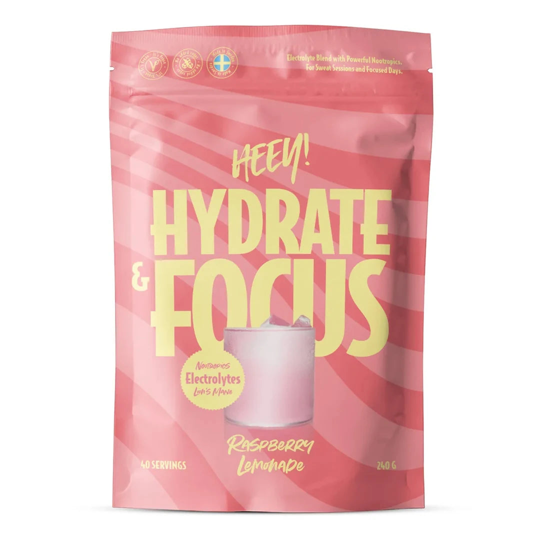 Heey! Elektrolyter + Lions Mane 240 g i en rosa påse med gula detaljer för smaken Raspberry Lemonade., bild 2 av 2