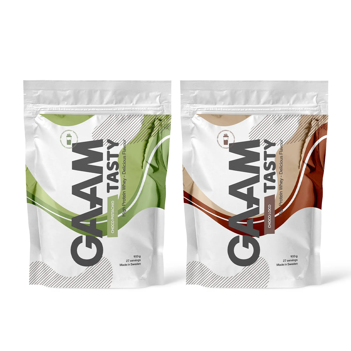 2 x GAAM Tasty Whey Proteinpulver 900 g i två vita påsar med gröna och bruna detaljer för smakerna Choco Pistachio och Choco Loco.