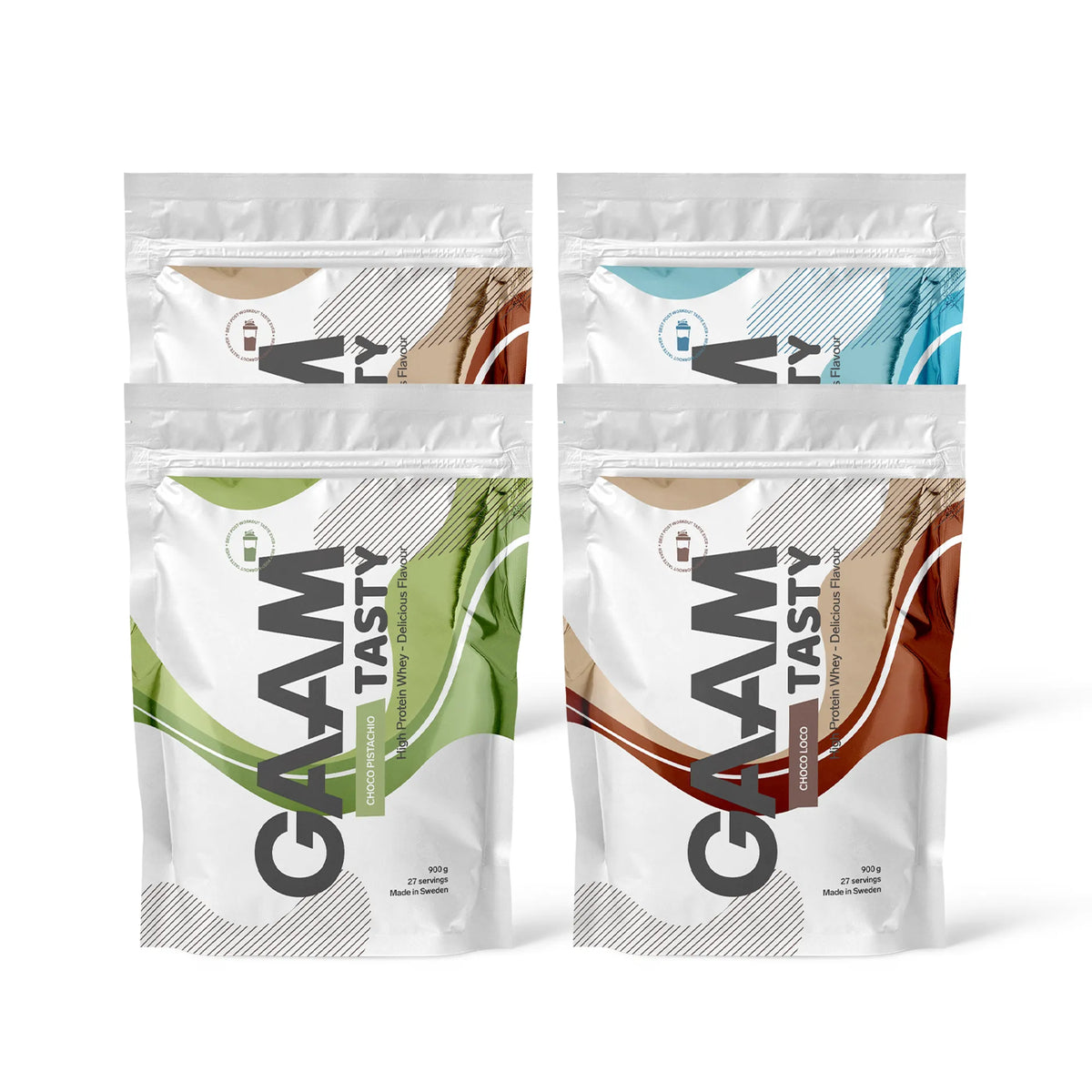 4 x GAAM Tasty Whey Proteinpulver 900 g i fyra vita påsar med färgglada vågmönster för olika smaker., bild 1 av 1