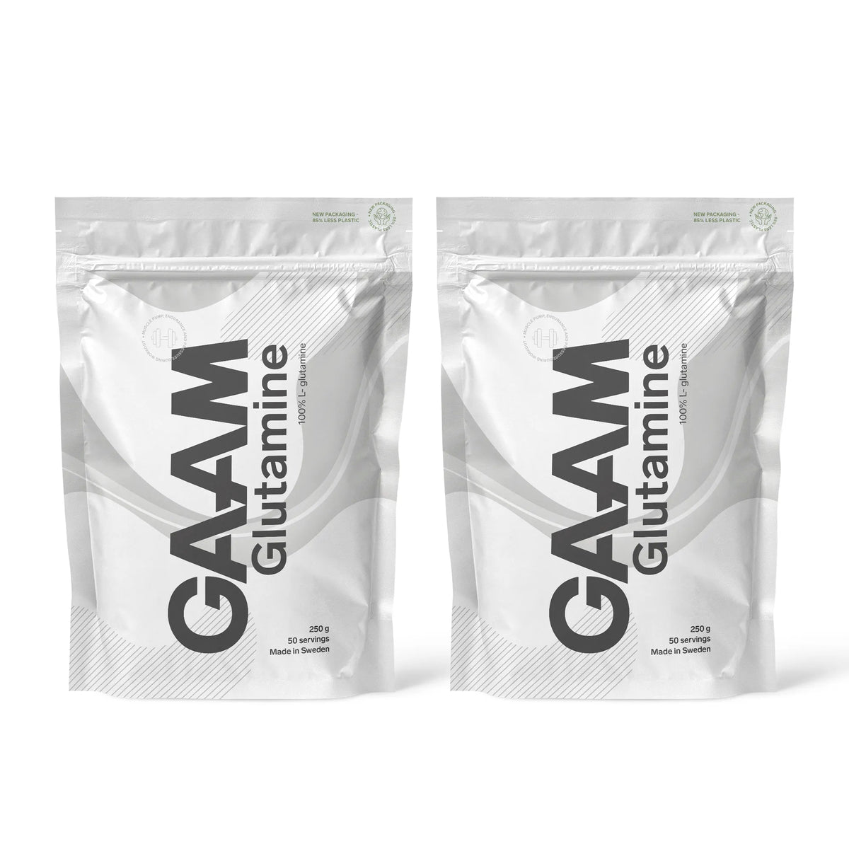 2 x GAAM Glutamine 250 g aminosyror i två vita påsar med gråa detaljer., bild 1 av 1