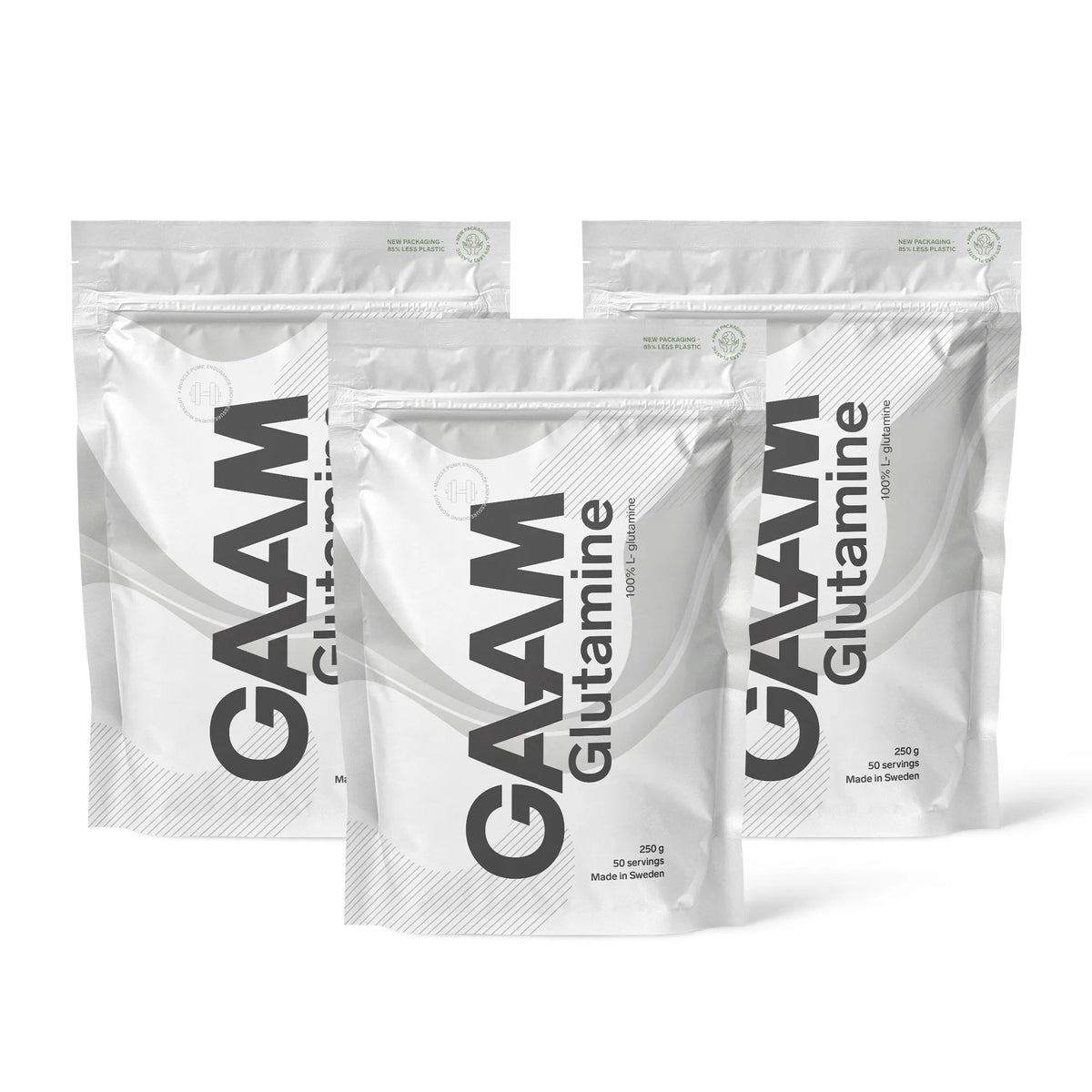 3 x GAAM Glutamine 250 g aminosyror i tre vita påsar med grå och svarta detaljer.