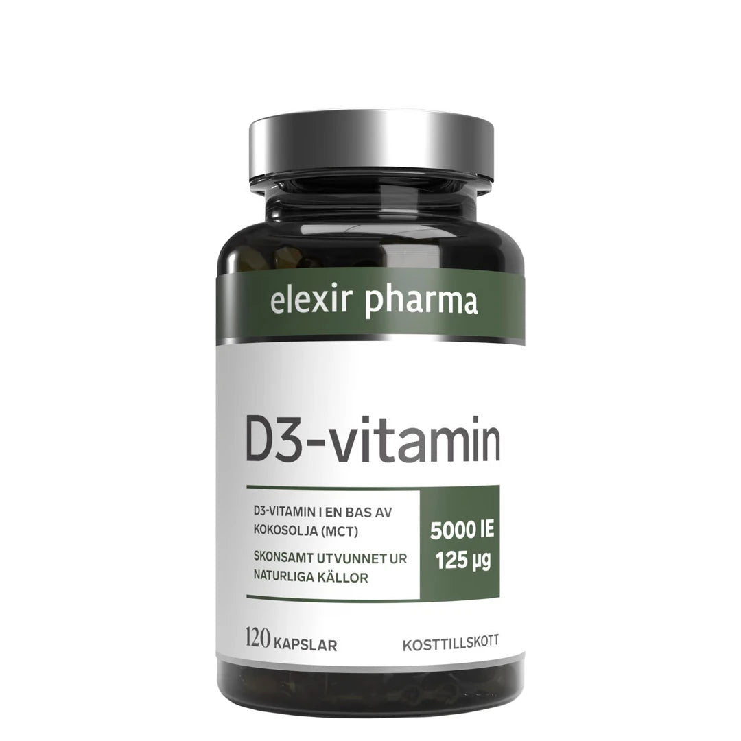 Elexir Pharma D3-Vitamin 5000IE 120 caps i en mörk burk med silverlock och vit etikett med gröna detaljer., bild 1 av 1
