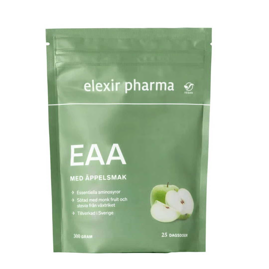 Elexir Pharma EAA 300 g veganska aminosyror i en grön påse för smaken äpple.