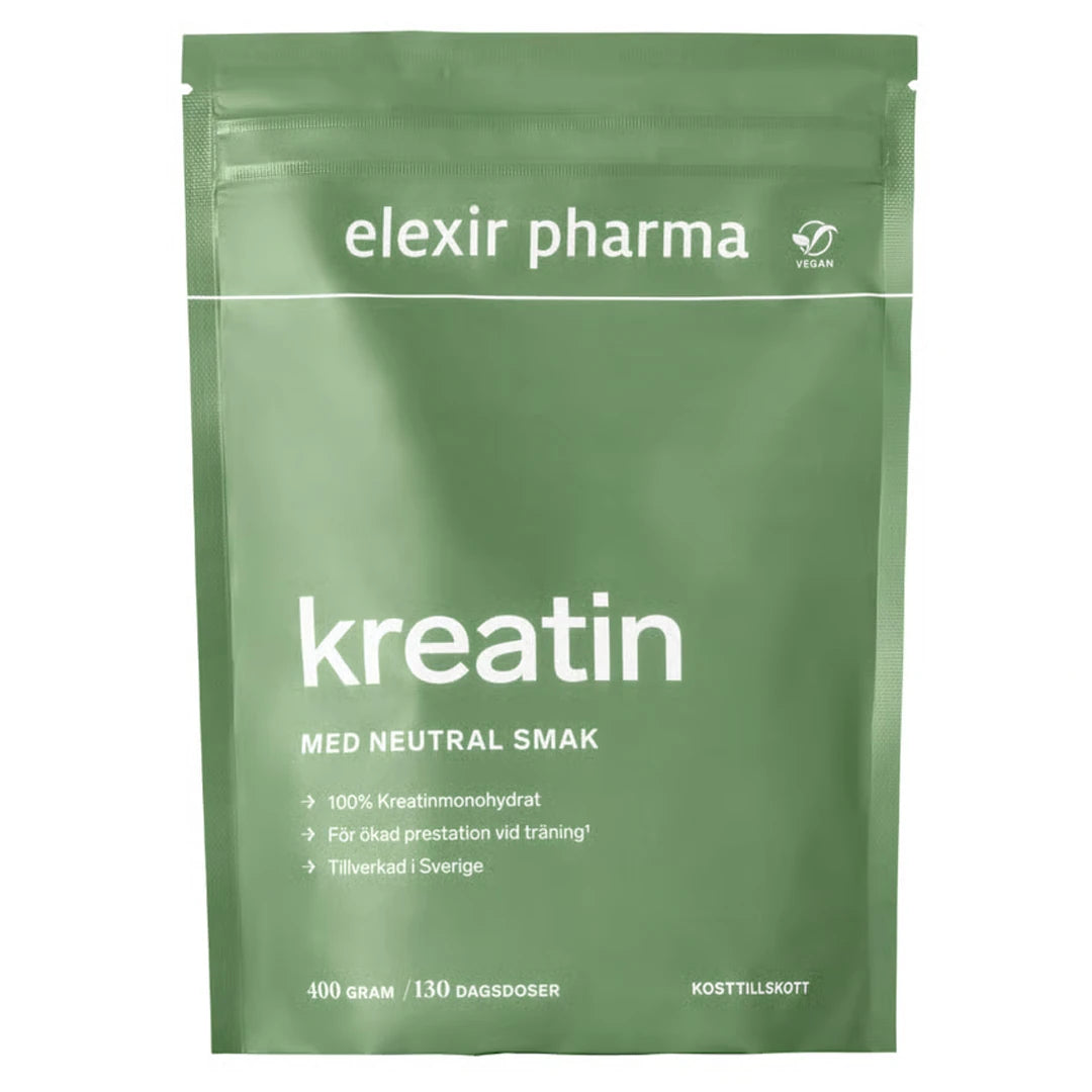 Elexir Pharma Kreatin 400 g Naturell i en grön ståpåse med vit text, ett rent kreatinmonohydrat utan tillsatser., bild 1 av 1