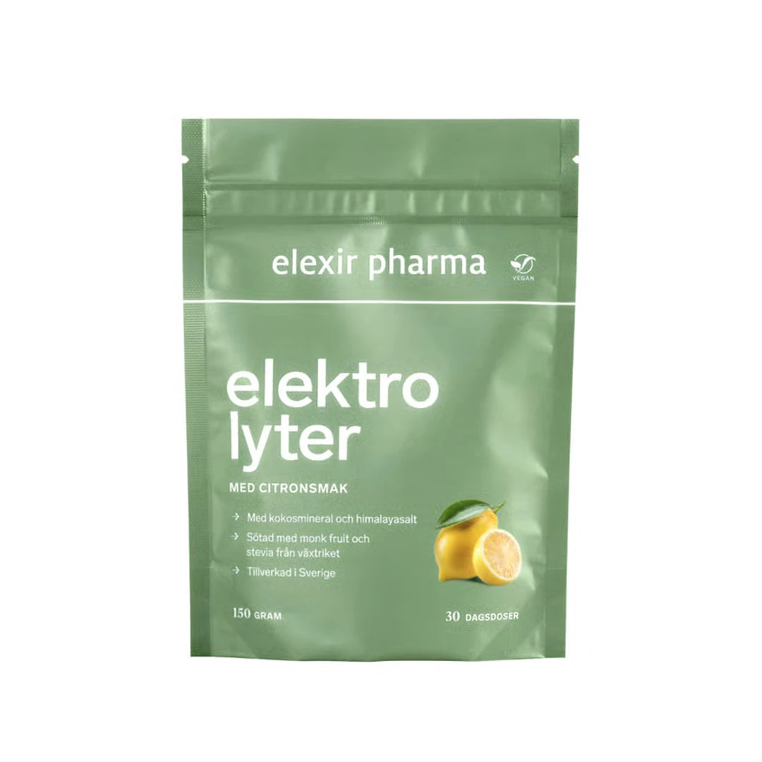 Elexir Pharma Elektrolyter 150 g elektrolytpulver i en ljusgrön påse med motiv av citroner., bild 1 av 1