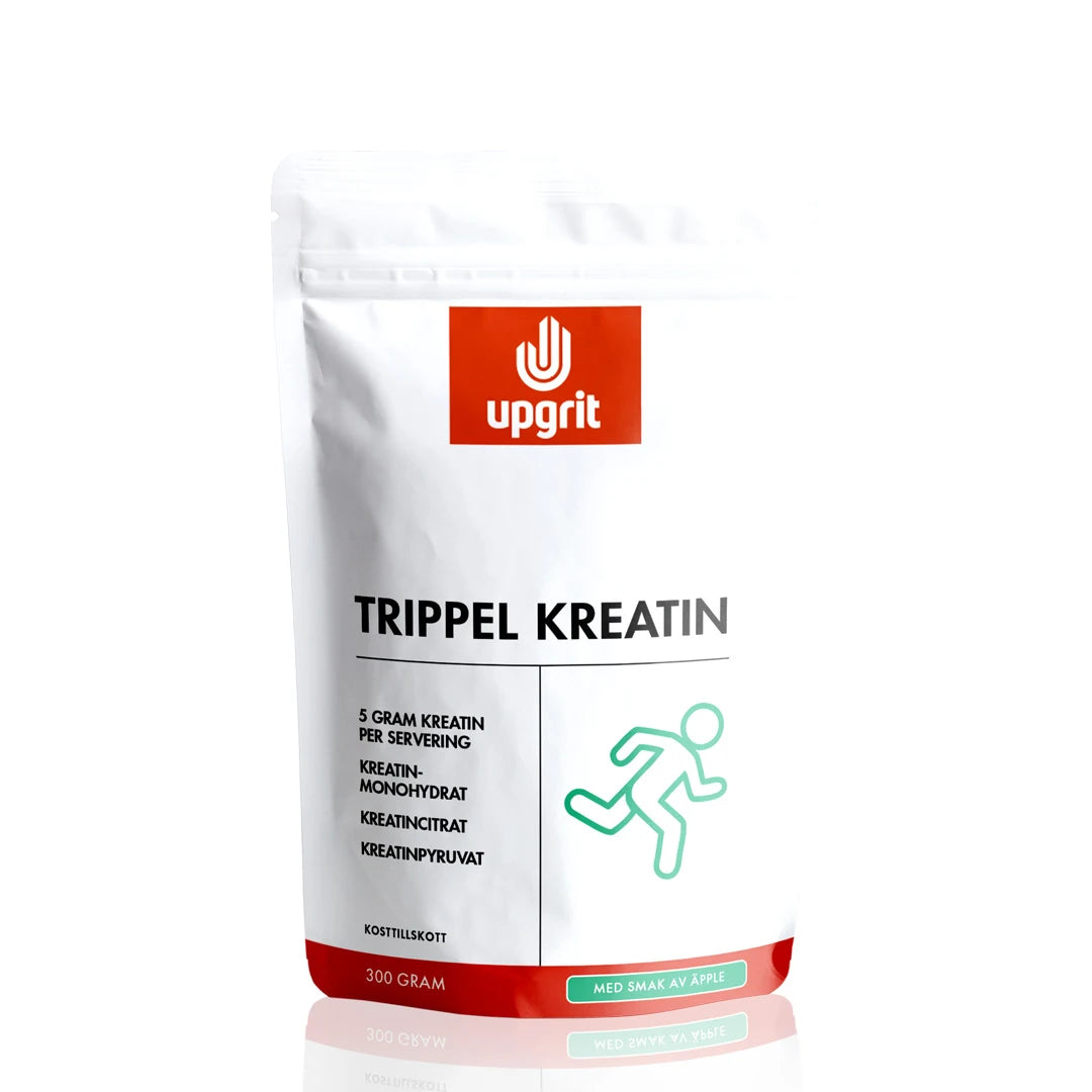 Upgrit Trippel Kreatin 300 g pulver i en vit stående påse med röda och gröna detaljer samt en grön figur., bild 1 av 1