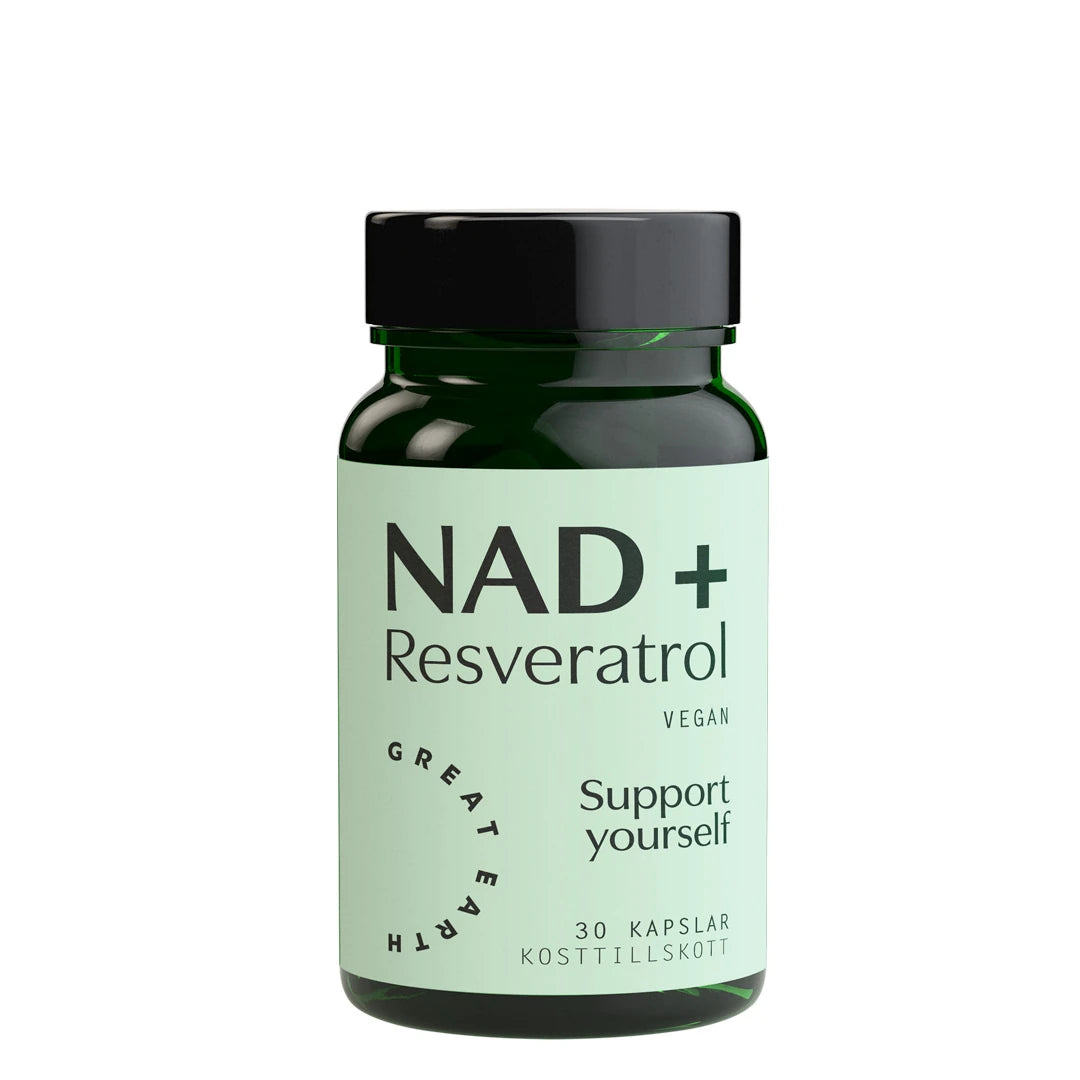Great Earth NAD+ Resveratrol 30 caps kosttillskott i en mörkgrön burk med ljusgrön etikett., bild 1 av 1