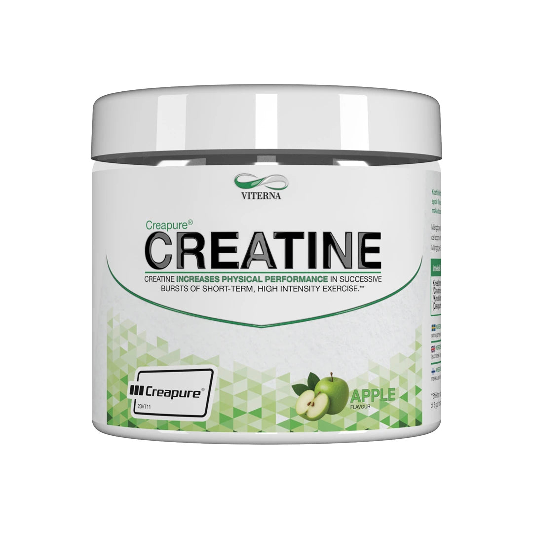 Viterna Creapure® 300 g kreatinpulver i en vit burk med gröna detaljer och äpplen för smaken Apple.