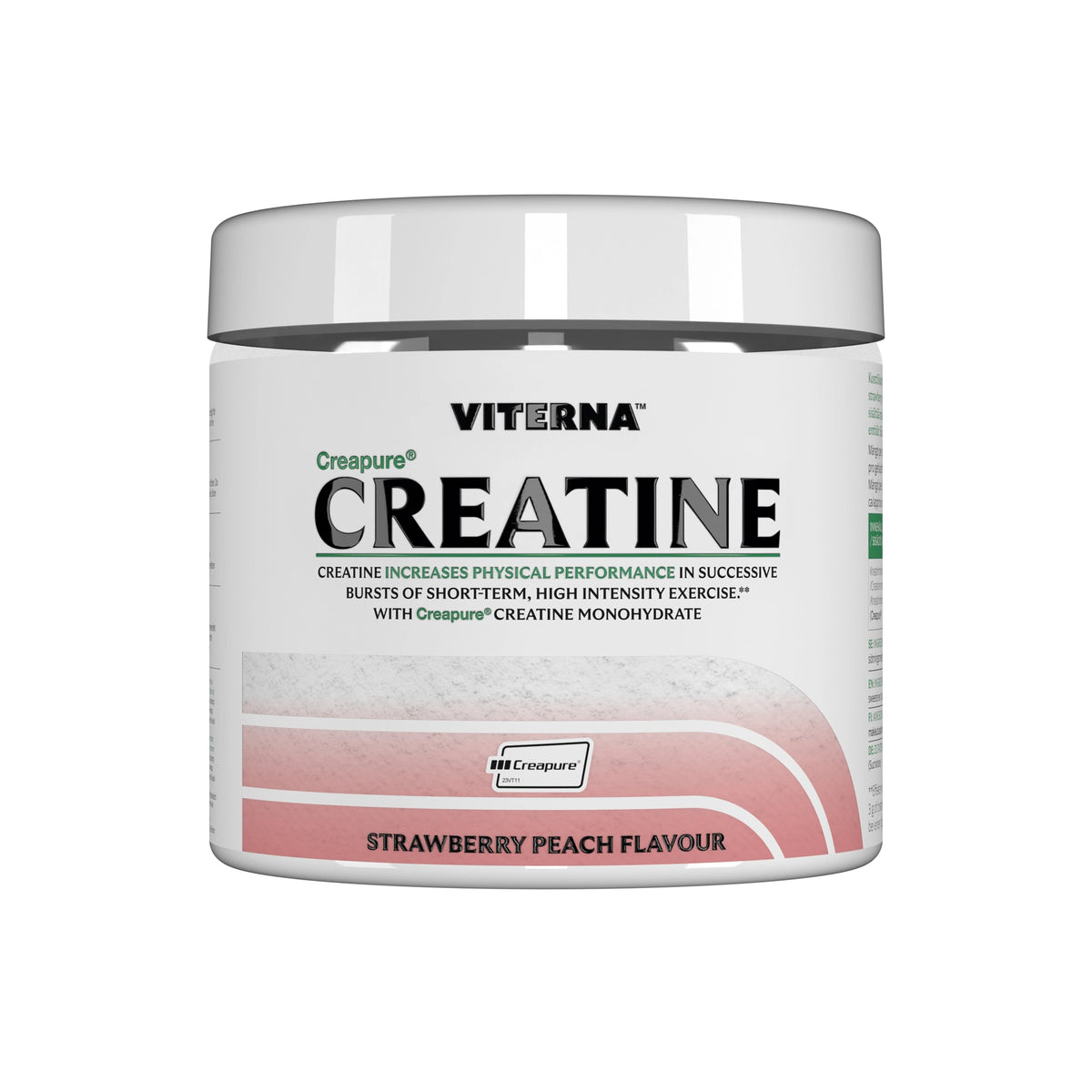 Viterna Creapure® 300 gr Strawberry Peach kreatin i en vit burk med gröna detaljer för smaken jordgubb och persika., bild 3 av 3