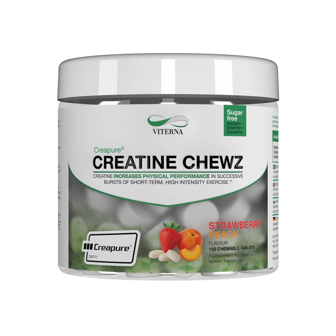 Viterna Creapure® Chewz 150 pcs tuggtabletter i en transparent burk med vitt lock för smaken Strawberry Peach.