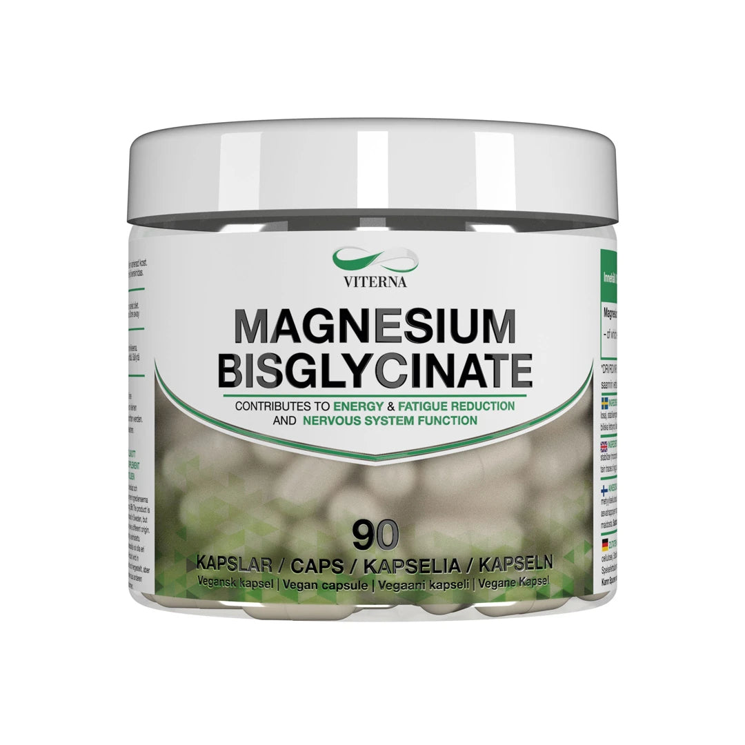 Viterna Magnesium bisglycinate 90 caps i en transparent burk med vit lock och etikett med svarta och gröna detaljer., bild 1 av 1