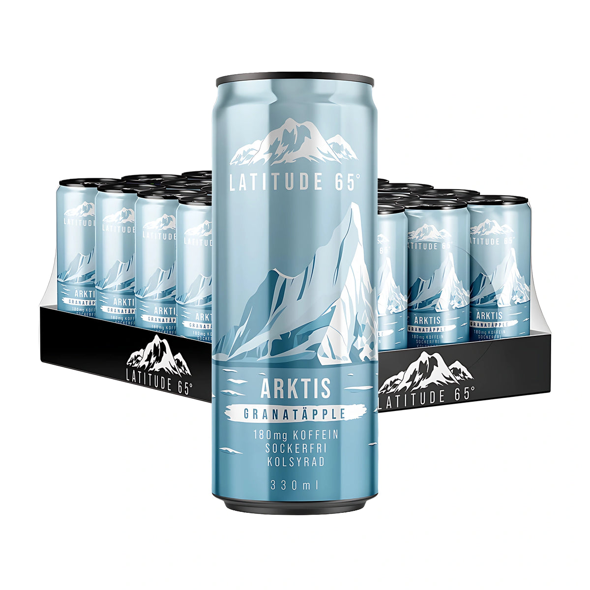 24 x Latitude 65 330 ml Arktis - Granatäpple på ett flak med ljusblå burkar dekorerade med bergsmotiv.