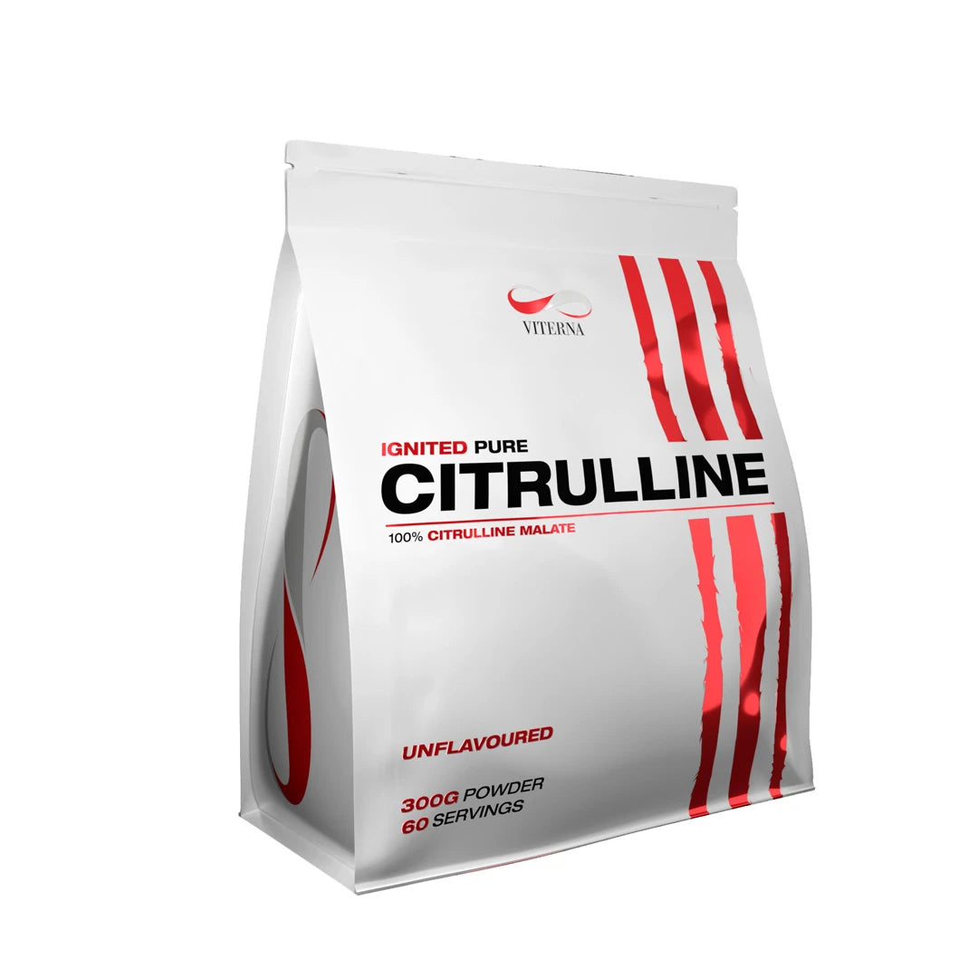 Viterna Citruline Malate Powder 300 g aminosyror förpackad i en vit påse med röda detaljer och naturell smak., bild 1 av 1