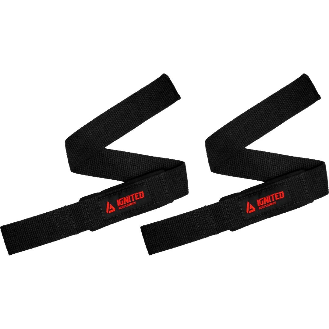 Ett par svarta Ignited Classic Padded Lifting Straps Black i slitstarkt material med röd logotyp för tunga lyft., bild 1 av 1