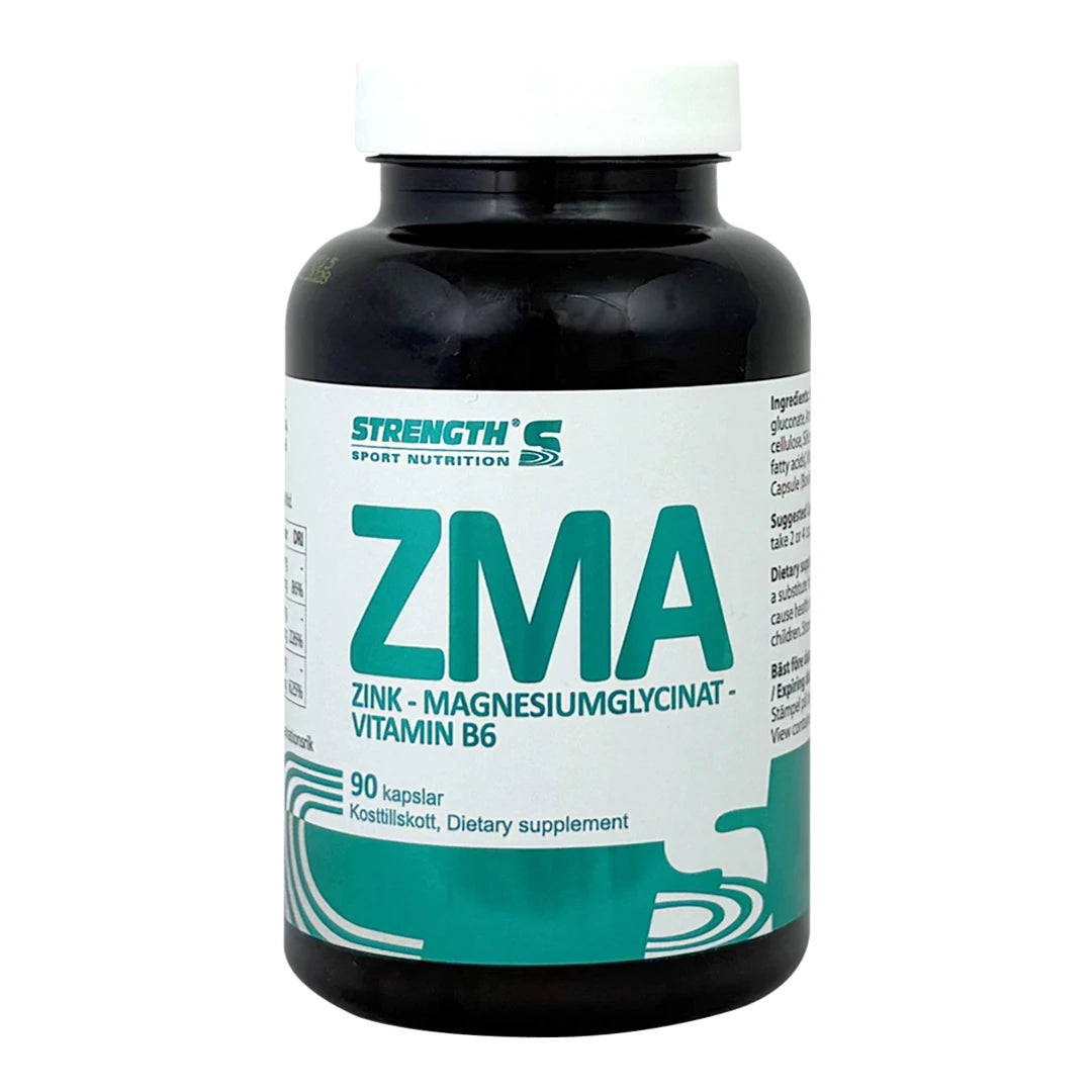 Strength Sport Nutrition ZMA 90 caps kosttillskott i en svart burk med vit och grön etikett., bild 1 av 1