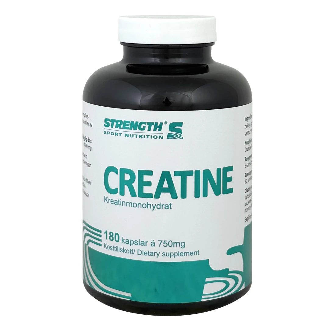 Strength Sport Nutrition Kreatin 180 caps i en svart plastburk med vitt lock och grönvit etikett., bild 1 av 1